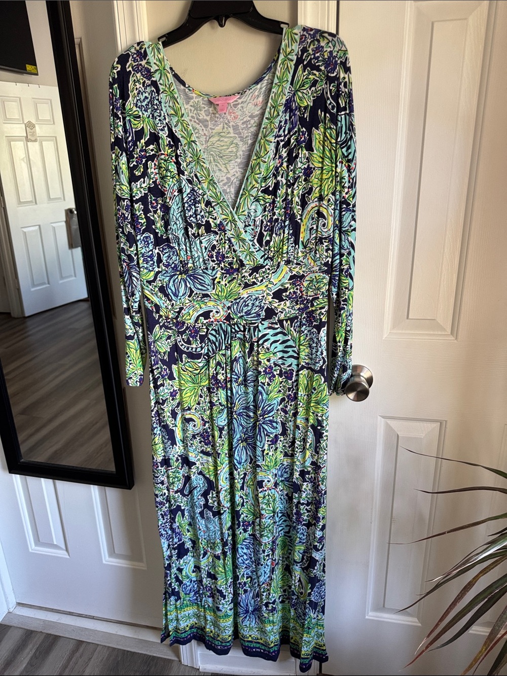 Lilly Pulitzer Floral Wrap Maxi Dress in Navy Blue and Green